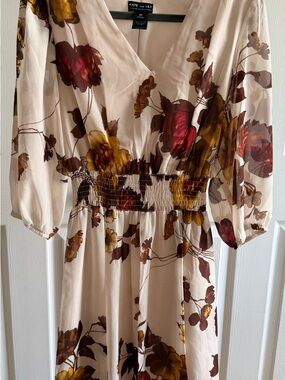 Kate and Lily Cream Midi Dress with Gold & Burgundy Floral Print